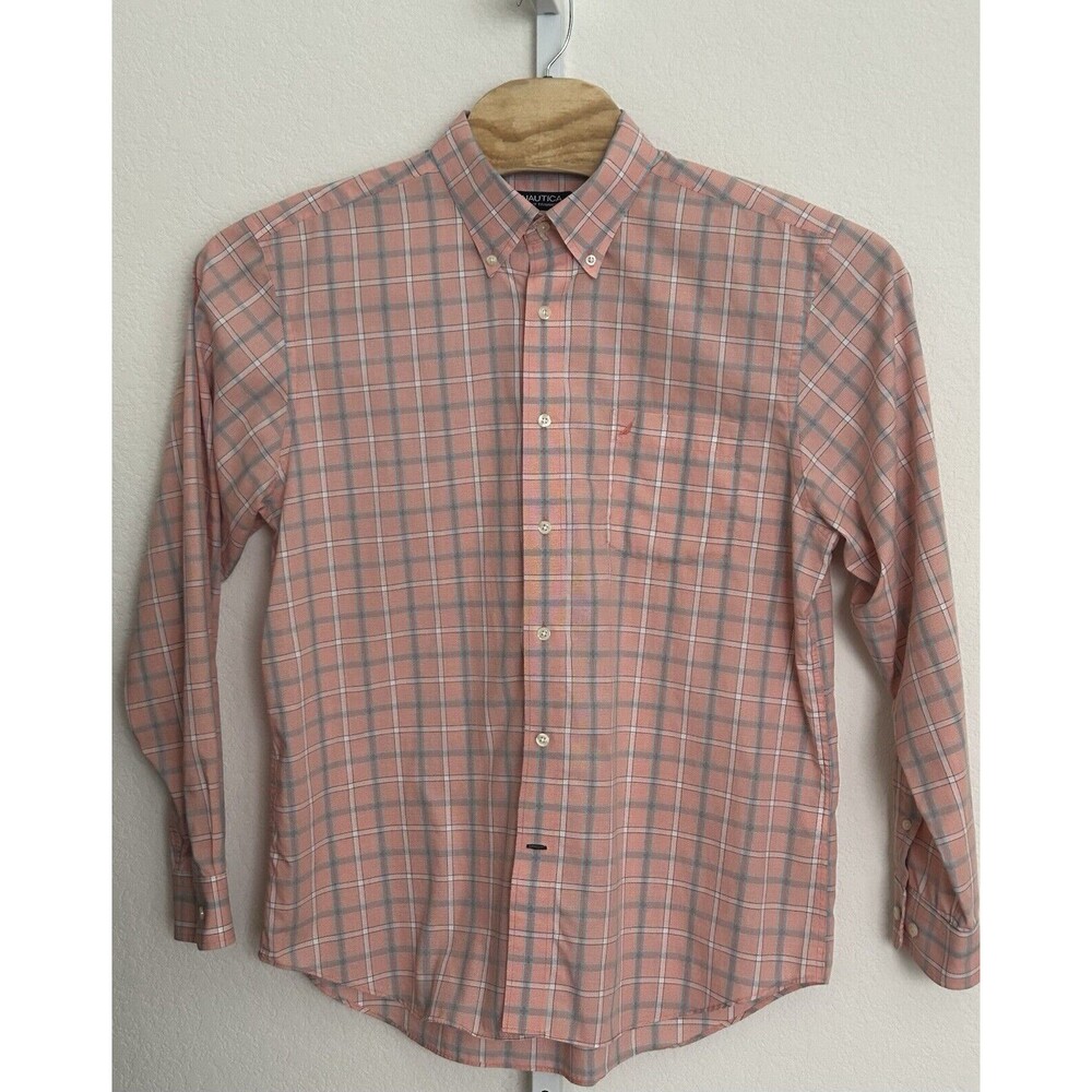 Nautica A Bit Trimmer‎ Peach Blue Plaid Long Sleeve Shirt Men's XL
